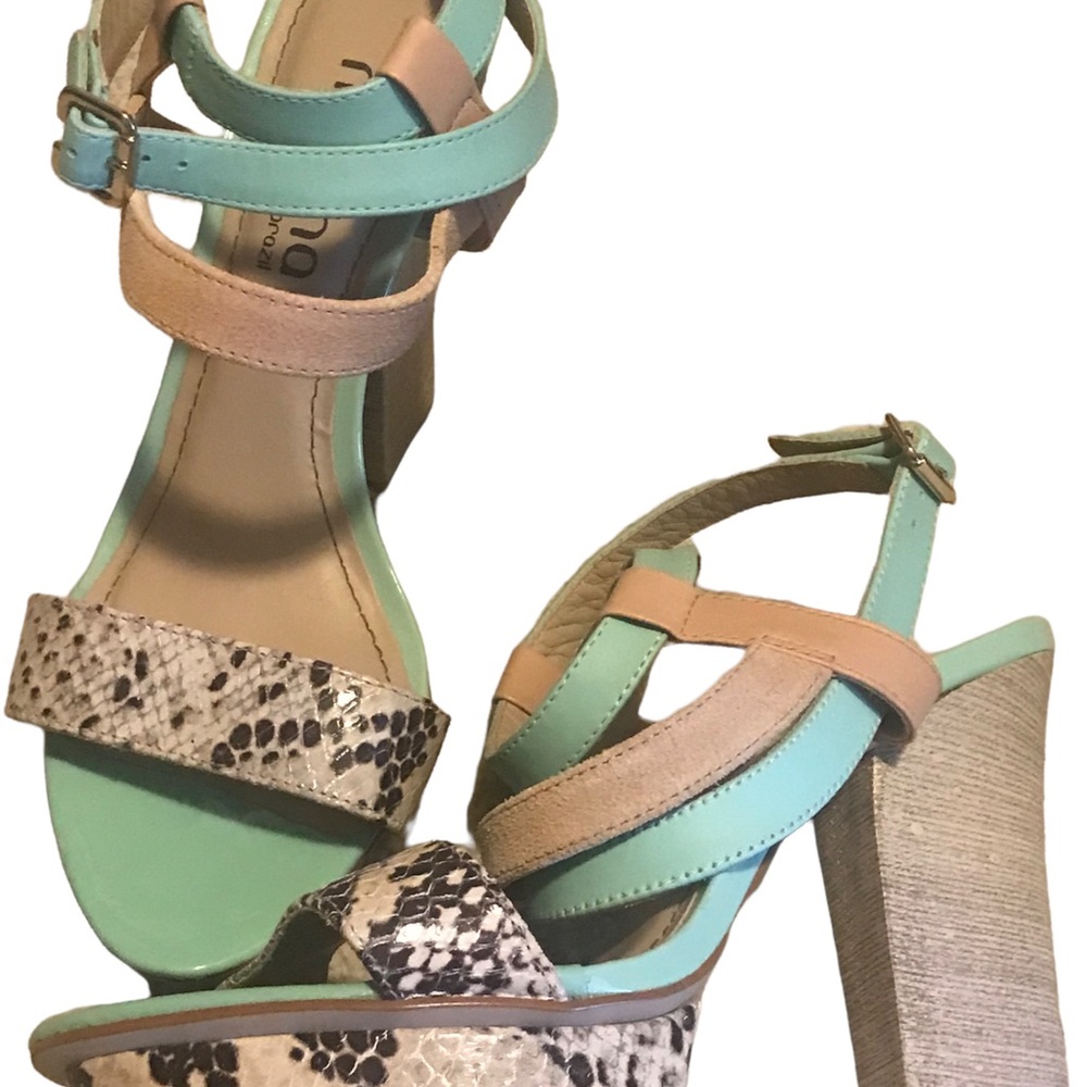 Brand new Miucha strappy teal & snakeskin wedge heels.NWOT